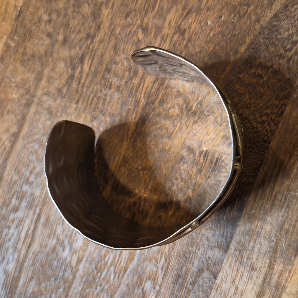 Hammered Non-magnetic Ornate Detail Silver & Goldish Bronze Tone Cuff Bracelet - Picture 2 of 5